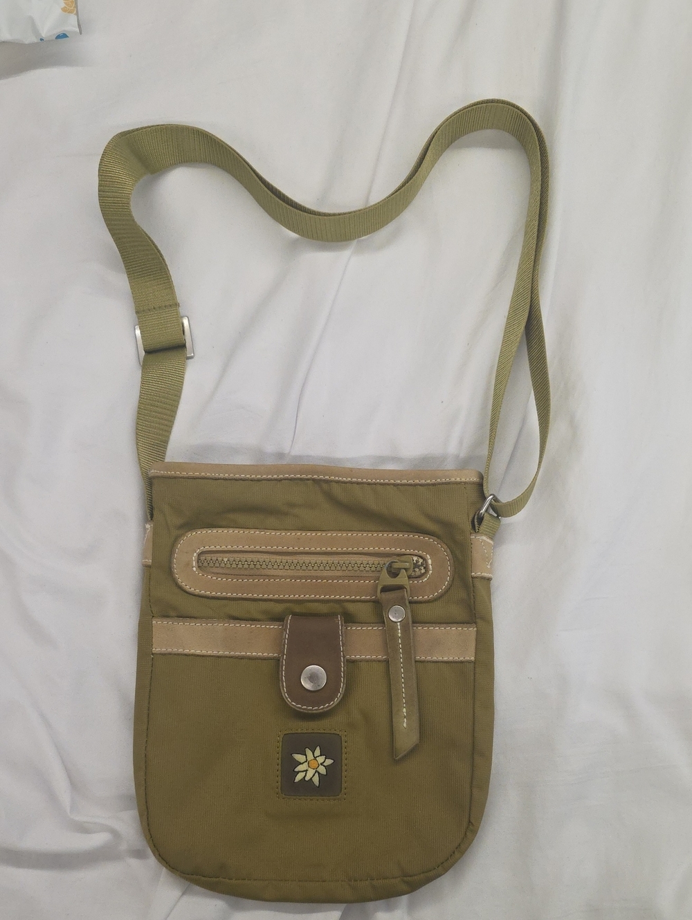 Sherpani Crossbody Travel Bag Olive Green Nylon Suede Trim Adjustable Strap